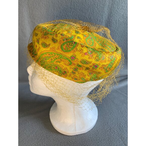Ladies Yellow and Green Paisley Hat with netting Sz 22 Vintage - Picture 4 of 9